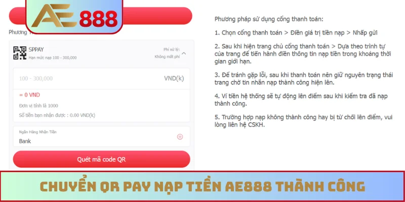 Chuyển QR Pay nạp tiền AE888 thành công